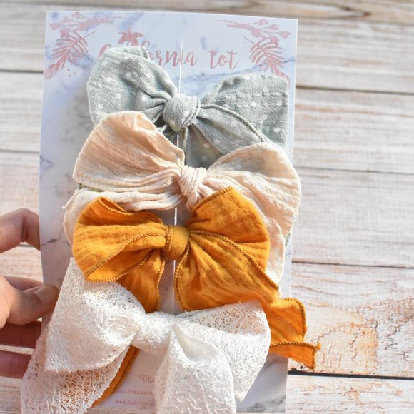 Big Girl's Cotton Bow Clips Set of 4 (Golden Straw ) - Picture 1 of 3
